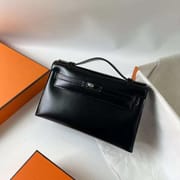 MINI KELLY POCHETTE BOXCALF CK89 BLACK BLACK BUCKLE SILVER HARDWARE 22CM FULL HANDMADE