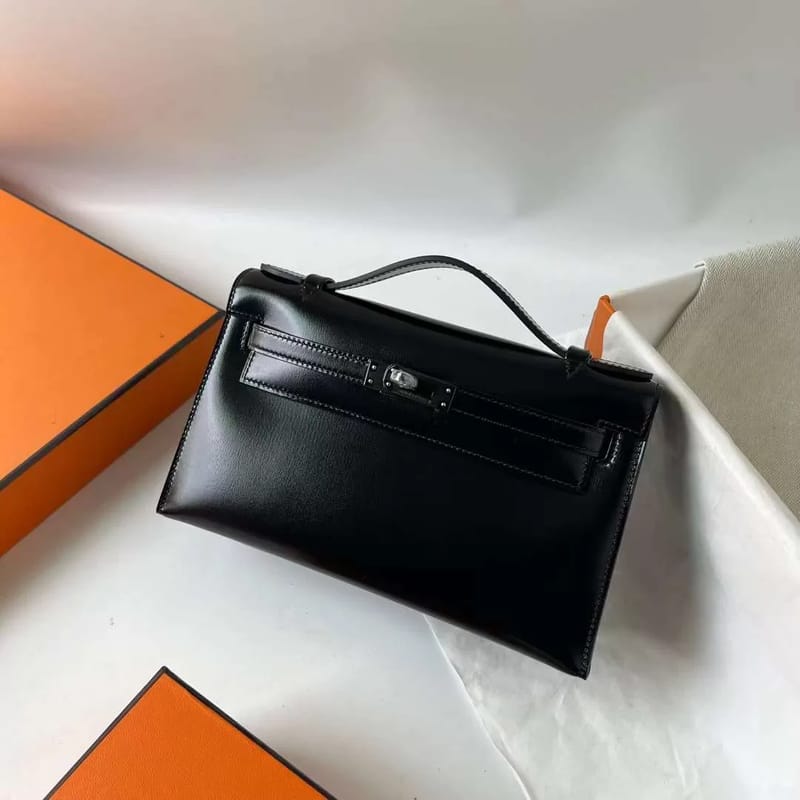 MINI KELLY POCHETTE BOXCALF CK89 BLACK BLACK BUCKLE SILVER HARDWARE 22CM FULL HANDMADE