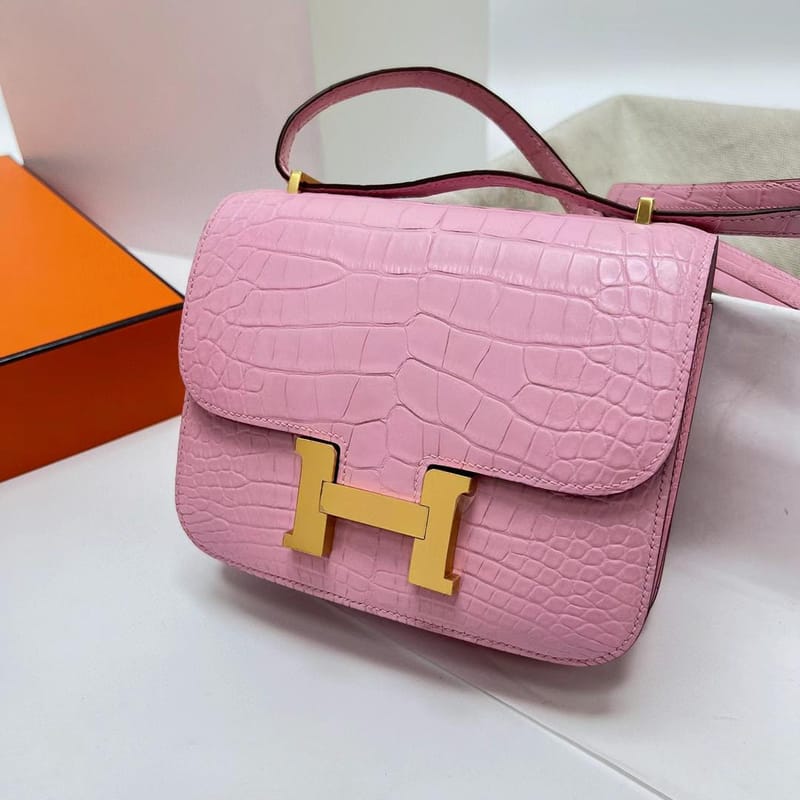 CONSTANCE MATTE ALLIGATOR CROCODILE 3Q PINK GOLD HARDWARE GHW 18CM FULL HANDMADE