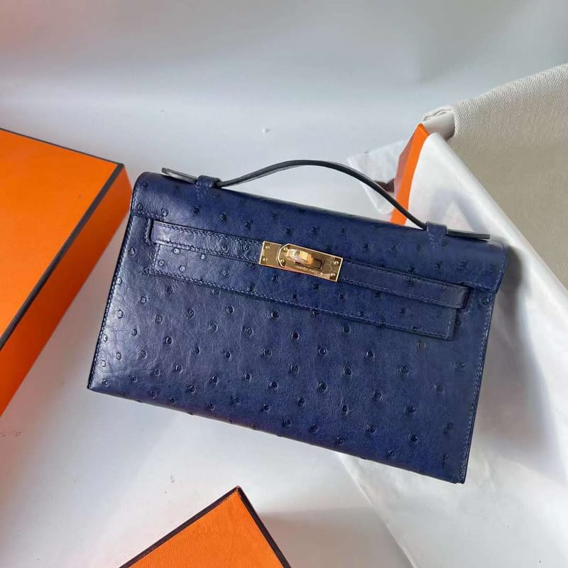 MINI KELLY POCHETTE OSTRICH 7L DEEP BLUE GOLD HARDWARE GHW 22CM FULL HANDMADE