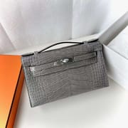 MINI KELLY POCHETTE MATTE ALLIGATOR CROCODILE 0V CRYSTAL GREY SILVER HARDWARE 22CM FULL HANDMADE PHW