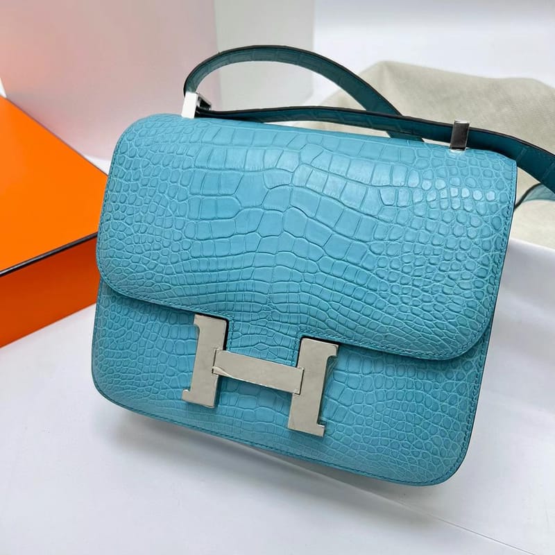 CONSTANCE MATTE ALLIGATOR CROCODILE 3Z CANDY BLUE SILVER HARDWARE PHW 24CM FULL HANDMADE