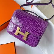 CONSTANCE SHINY ALLIGATOR CROCODILE 9W DEEP PURPLE GOLD HARDWARE GHW 18CM FULL HANDMADE