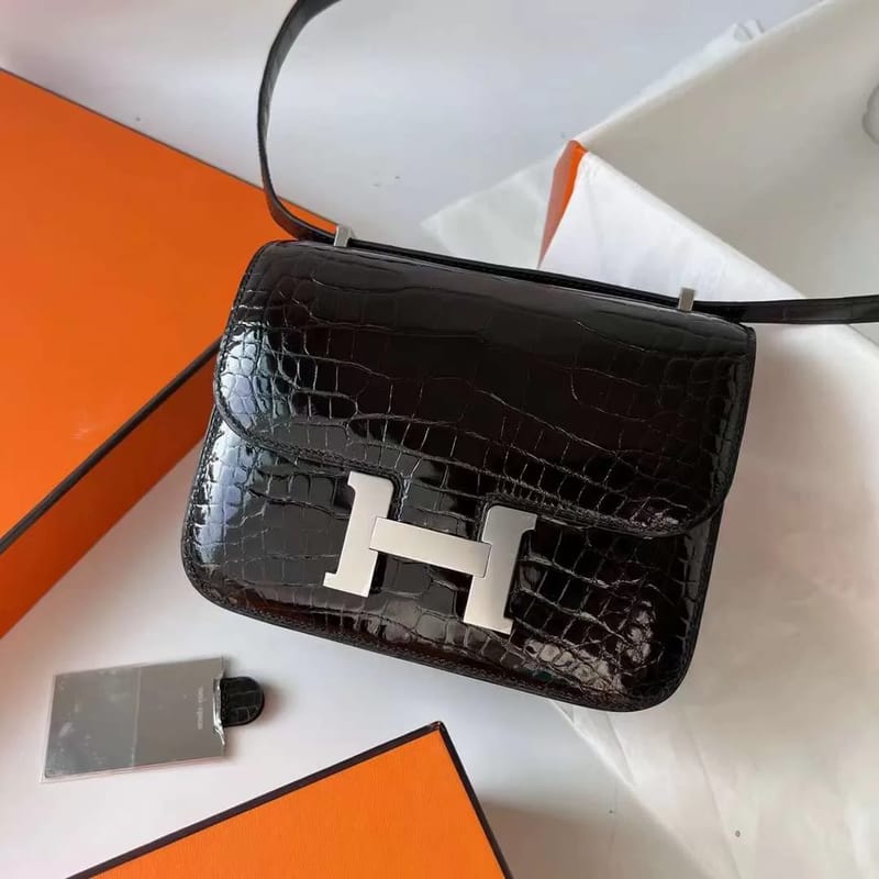 CONSTANCE SHINY ALLIGATOR CROCODILE CK89 BLACK SILVER HARDWARE PHW 19CM FULL HANDMADE
