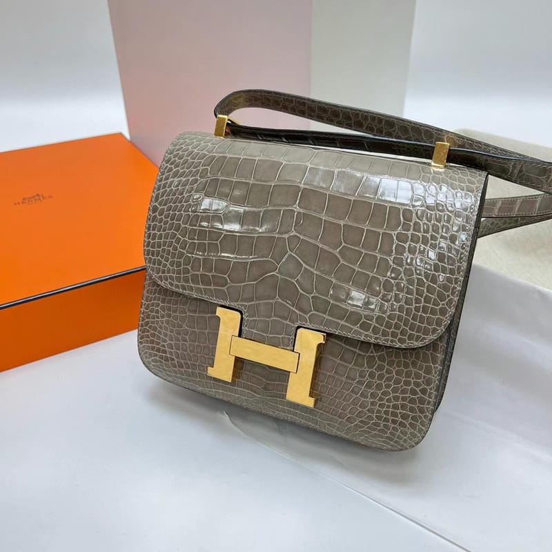 CONSTANCE SHINY ALLIGATOR CROCODILE CK81 GRISS GOLD HARDWARE GHW 24CM FULL HANDMADE