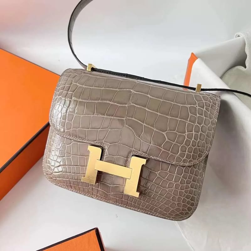 CONSTANCE SHINY ALLIGATOR CK81 TURTLEDOVE GREY GOLD HARDWARE GHW 18CM FULL HANDMADE