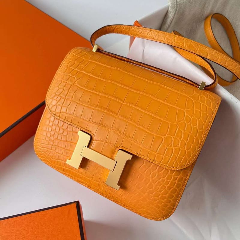 CONSTANCE MATTE ALLIGATOR CROCODILE 9I APRICOT YELLOW GOLD HARDWARE GHW 18CM FULL HANDMADE