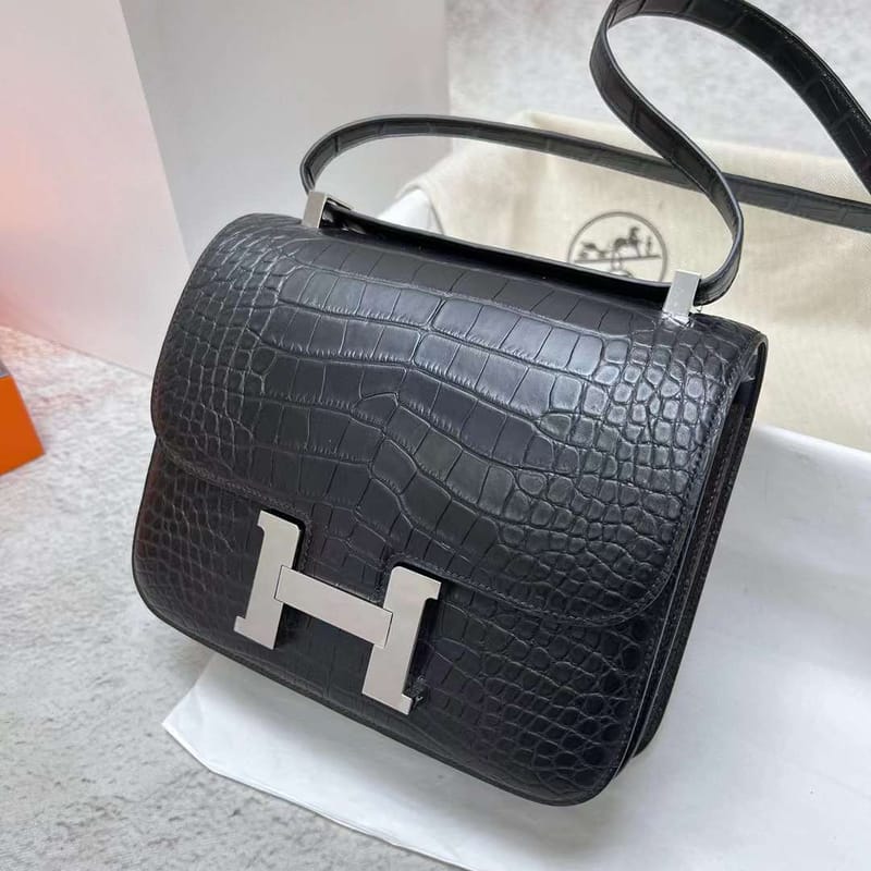 CONSTANCE MATTE ALLIGATOR CROCODILE CK89 BLACK SILVER HARDWARE PHW 24CM FULL HANDMADE