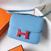 CONSTANCE EPSOM P3 CANDY BLUE & S3 BRIGHT RED ENAMELED BUCKLE SILVER HARDWARE 18CM FULL HANDMADE