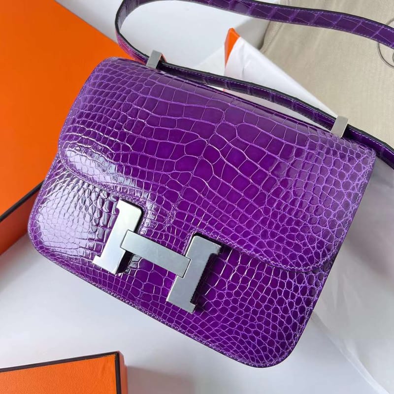 CONSTANCE SHINY ALLIGATOR CROCODILE 5L DEEP PURPLE SILVER HARDWARE PHW 24CM FULL HANDMADE