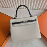 KELLY EPSOM CK10 CREAM WHITE & BLACK SILVER HARDWARE 25CM FULL HANDMADE PHW