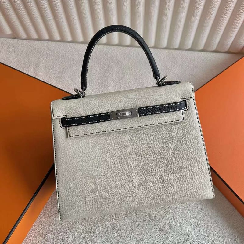 Kelly 25cm Epsom Ck10 Cream White & Black Silver Hardware Full Handmade Phw