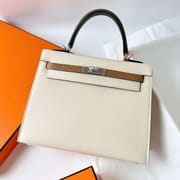 KELLY EPSOM I2 CREAMY WHITE & 0M TEA KHAKI & 0L GREY SILVER HARDWARE 25CM FULL HANDMADE PHW
