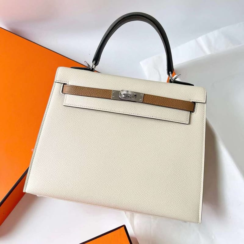 KELLY EPSOM I2 CREAMY WHITE & 0M TEA KHAKI & 0L GREY SILVER HARDWARE 25CM FULL HANDMADE PHW