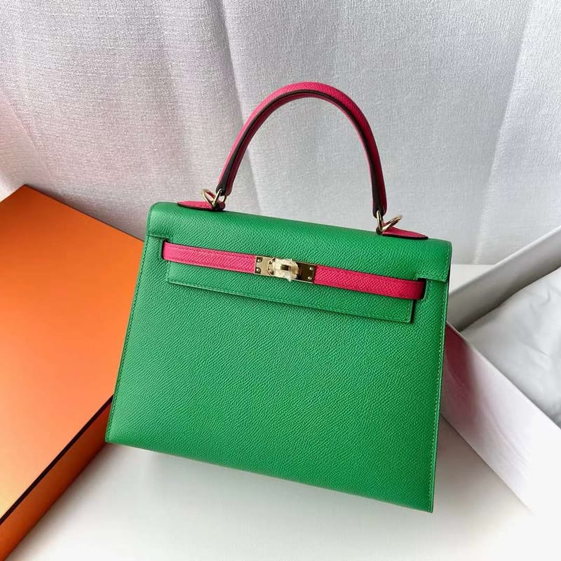 Kelly 25cm Epsom 1l Bright Green & 0d Rose Pink Gold Hardware Full Handmade Ghw