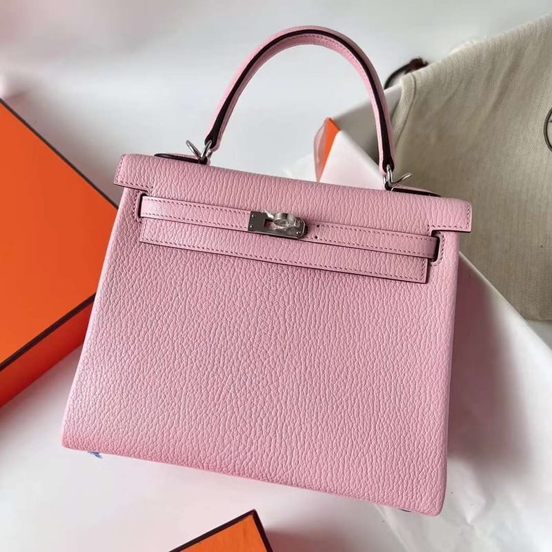 KELLY CHEVRE 3Q PINK & I2 CREAMY WHITE SILVER HARDWARE PHW 25CM FULL HANDMADE