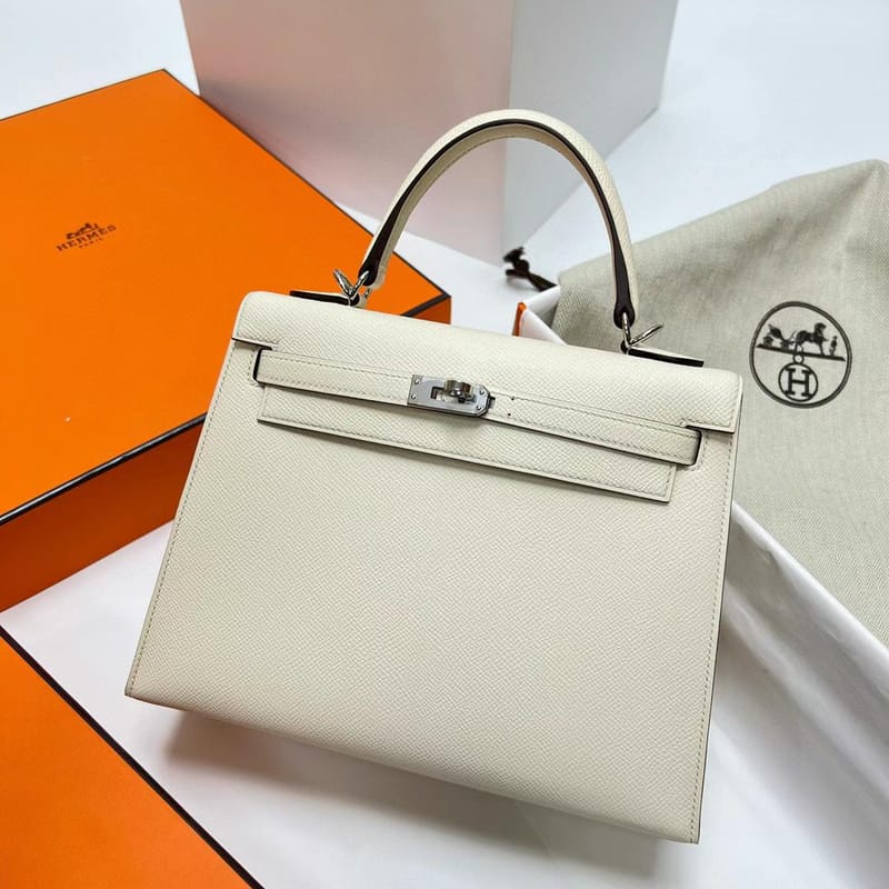 Kelly 25cm Epsom Ck10 Creamy White & 4b Khaki Silver Hardware Phw Full Handmade
