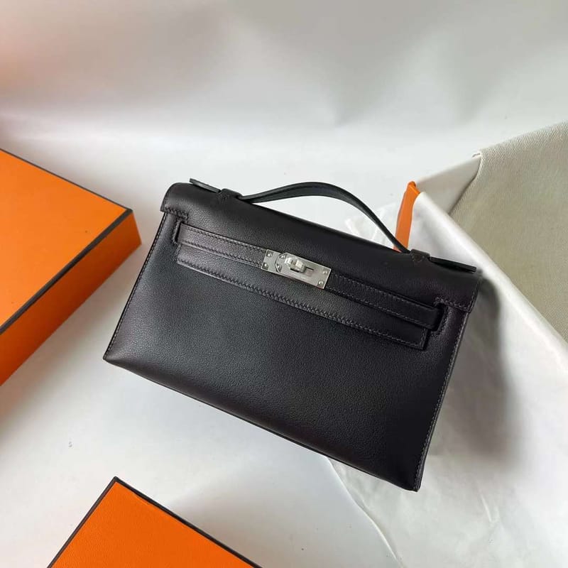 MINI KELLY POCHETTE SWIFT CK46 EBONY SILVER HARDWARE PHW 22CM FULL HANDMADE