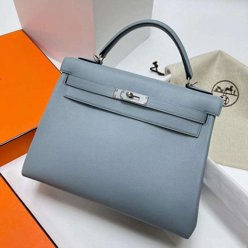 KELLY SWIFT J7 LINEN BLUE SILVER HARDWARE PHW 32CM FULL HANDMADE