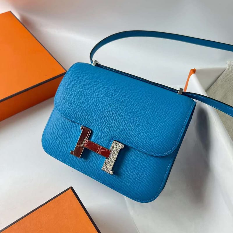 CONSTANCE EPSOM CK71 FRENCH BLUE LIZARD + CROCODILE BUCKLE SILVER HARDWARE 18CM FULL HANDMADE