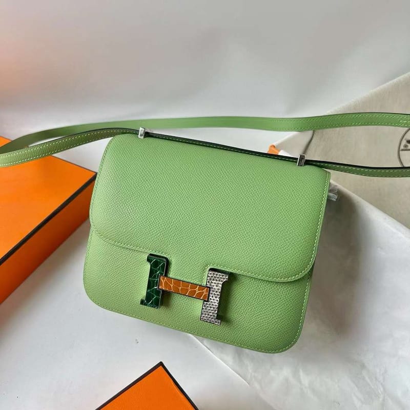 CONSTANCE EPSOM I3 AVOCADO GREEN LIZARD & CROCODILE BUCKLE SILVER HARDWARE 18CM FULL HANDMADE PHW