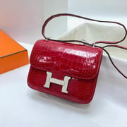 CONSTANCE SHINY ALLIGATOR CROCODILE CK53 DEEP RED SILVER HARDWARE PHW 24CM FULL HANDMADE