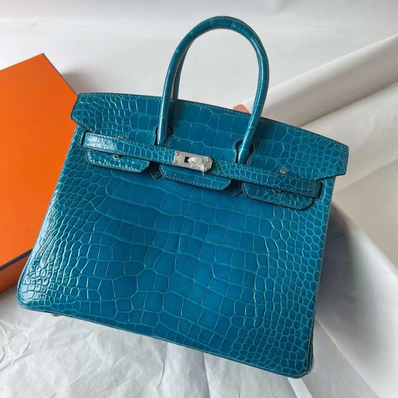 BIRKIN SHINY ALLIGATOR CROCODILE 7W IZMIR BLUE SILVER HARDWARE 25CM FULL HANDMADE PHW