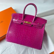 BIRKIN SHINY ALLIGATOR CROCODILE J5 DEEP PINK PURPLE GOLD HARDWARE 25CM FULL HANDMADE GHW