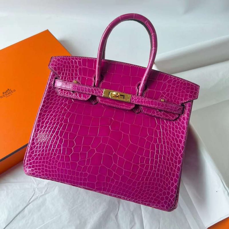 BIRKIN SHINY ALLIGATOR CROCODILE J5 DEEP PINK PURPLE GOLD HARDWARE 25CM FULL HANDMADE GHW
