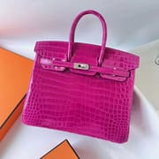 BIRKIN SHINY POROSUS CROCODILE J5 DEEP PINK PURPLE SILVER HARDWARE PHW 25CM FULL HANDMADE