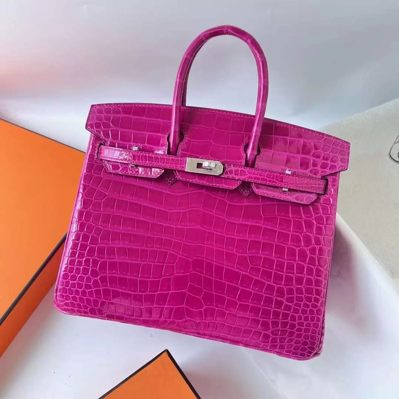 BIRKIN SHINY POROSUS CROCODILE J5 DEEP PINK PURPLE SILVER HARDWARE PHW 25CM FULL HANDMADE