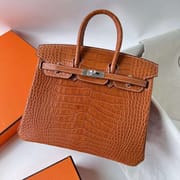 BIRKIN MATTE ALLIGATOR CROCODILE CC34 GOLDEN BROWN SILVER HARDWARE PHW 25CM FULL HANDMADE
