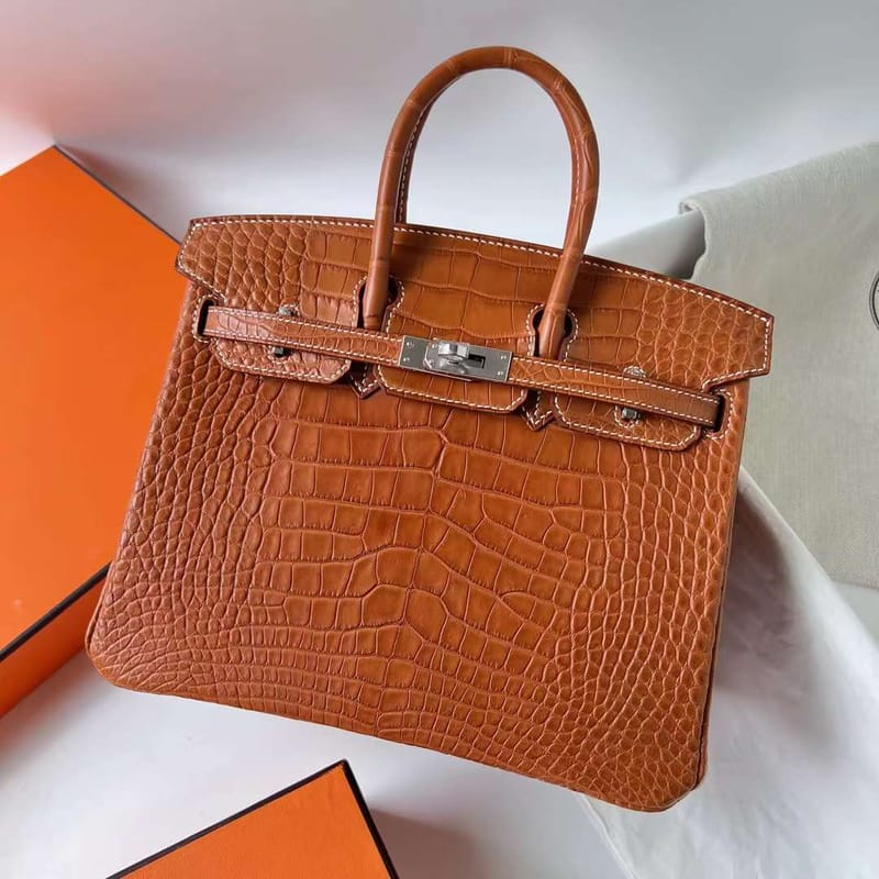 BIRKIN MATTE ALLIGATOR CROCODILE CC34 GOLDEN BROWN SILVER HARDWARE PHW 25CM FULL HANDMADE