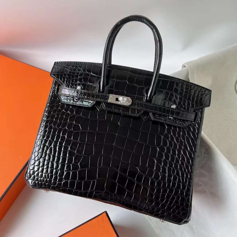 BIRKIN SHINY ALLIGATOR CROCODILE CK89 BLACK SILVER HARDWARE PHW 25CM FULL HANDMADE
