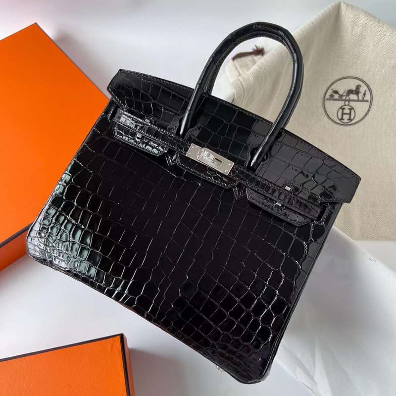 BIRKIN SHINY NILO CROCODILE CK89 BLACK SILVER HARDWARE PHW 25CM FULL HANDMADE