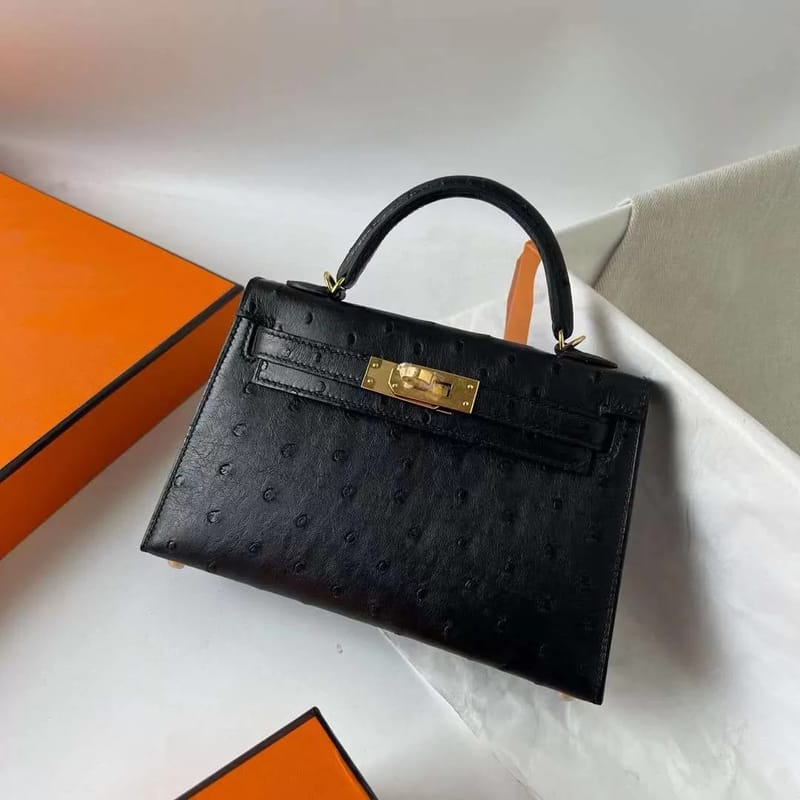 MINI KELLY OSTRICH CK89 BLACK GOLD HARDWARE 19CM FULL HANDMADE GHW