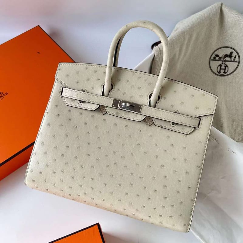 HERMES BIRKIN OSTRICH 3C WOOL WHITE SILVER HARDWARE PHW 25CM FULL HANDMADE