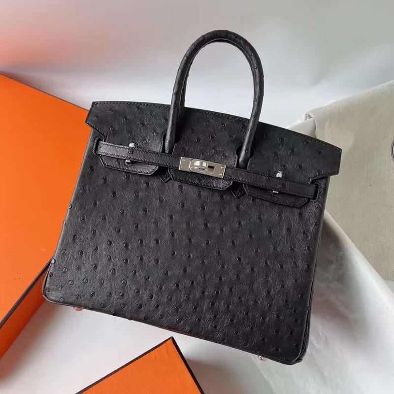 BIRKIN OSTRICH CK89 BLACK SILVER HARDWARE PHW 25CM FULL HANDMADE