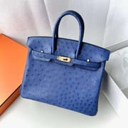 BIRKIN OSTRICH I7 GLAZED BLUE GOLD HARDWARE 25CM FULL HANDMADE GHW