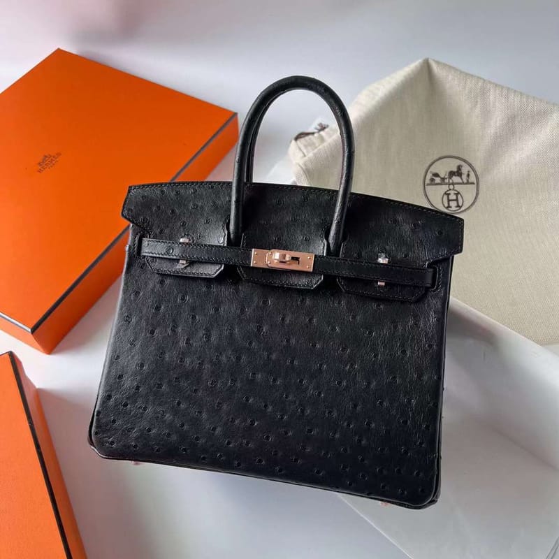 BIRKIN OSTRICH CK89 BLACK ROSE GOLD HARDWARE RGHW 25CM FULL HANDMADE