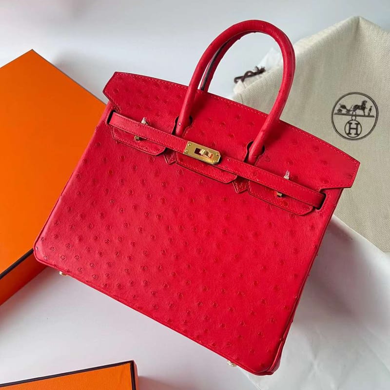 BIRKIN OSTRICH CK95 FERRARI RED GOLD HARDWARE GHW 25CM FULL HANDMADE