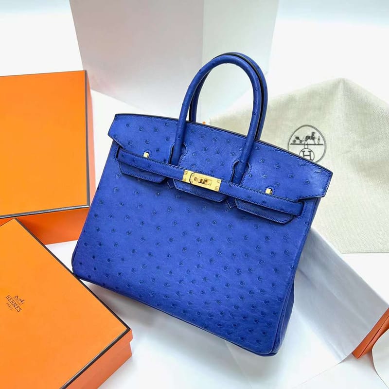 BIRKIN OSTRICH 7T BRIGHT BLUE GOLD HARDWARE GHW 25CM FULL HANDMADE