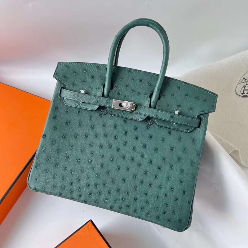 BIRKIN OSTRICH Z6 MALACHITE GREEN SILVER HARDWARE PHW 25CM FULL HANDMADE