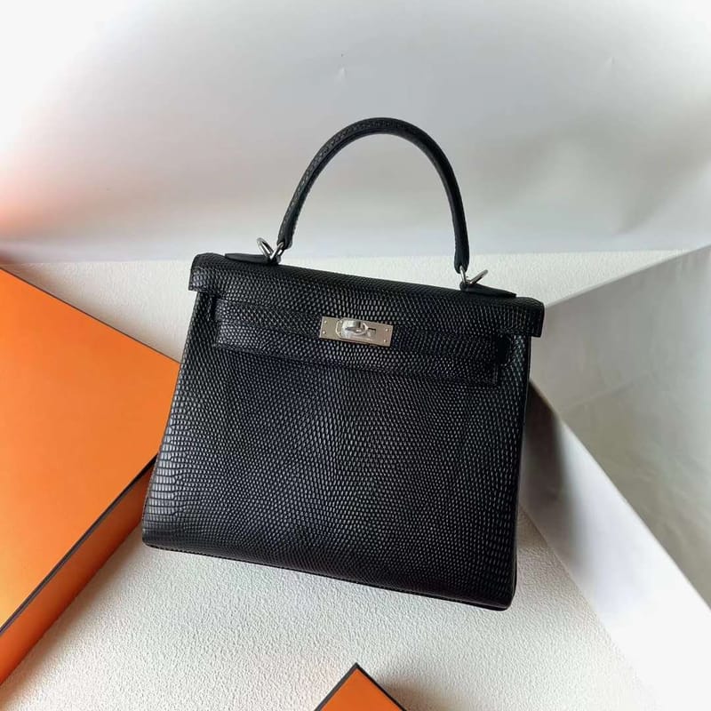 KELLY MATTE LIZARD CK89 BLACK SILVER HARDWARE 25CM FULL HANDMADE PHW