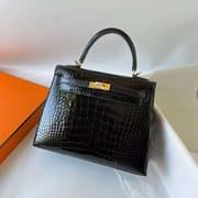 KELLY SHINY ALLIGATOR CROCODILE CK89 BLACK GOLD HARDWARE 25CM FULL HANDMADE GHW
