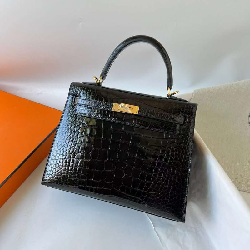 KELLY SHINY ALLIGATOR CROCODILE CK89 BLACK GOLD HARDWARE 25CM FULL HANDMADE GHW