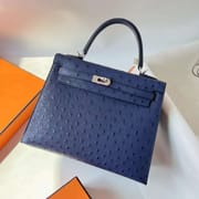 KELLY OSTRICH 77 IRIS BLUE SILVER HARDWARE PHW 25CM FULL HANDMADE