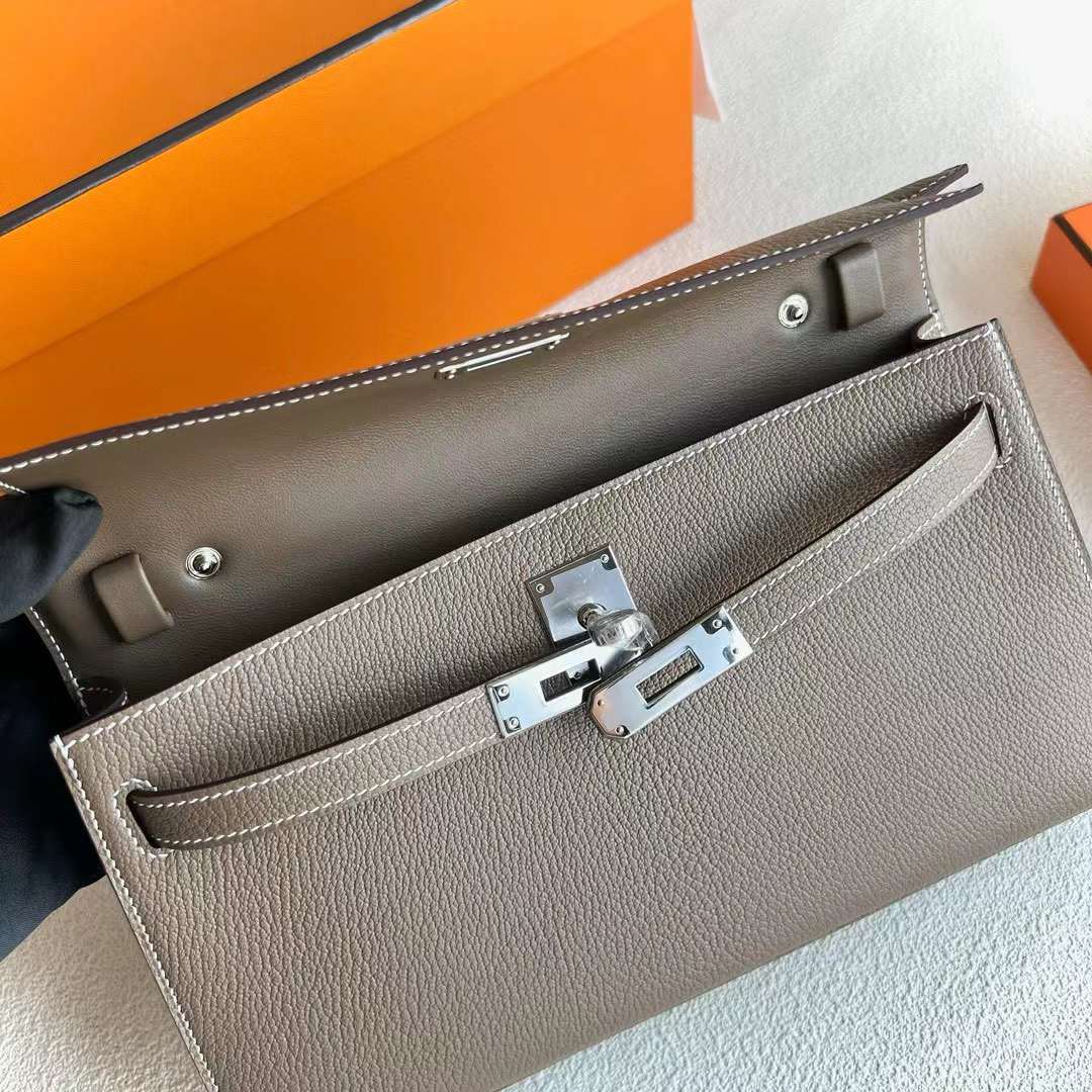 KELLY ELAN CHEVRE CK18 ETOUPE GREY SILVER HARDWARE 27CM FULL HANDMADE PHW