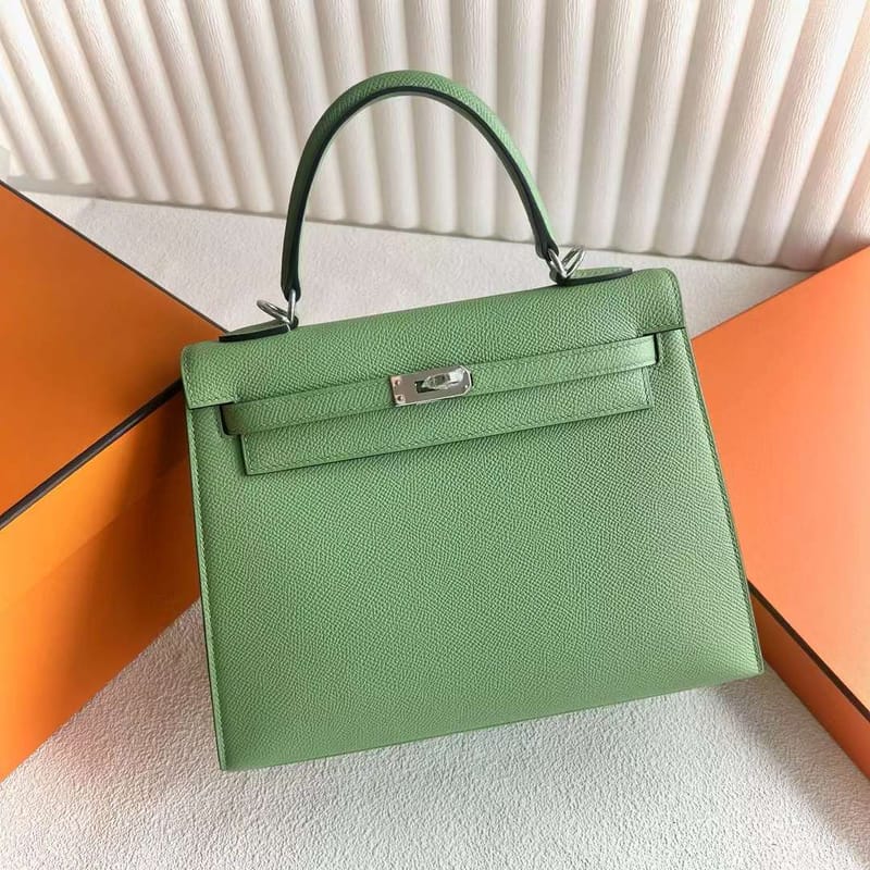 KELLY EPSOM 3I AVOCADO GREEN SILVER HARDWARE 25CM FULL HANDMADE PHW