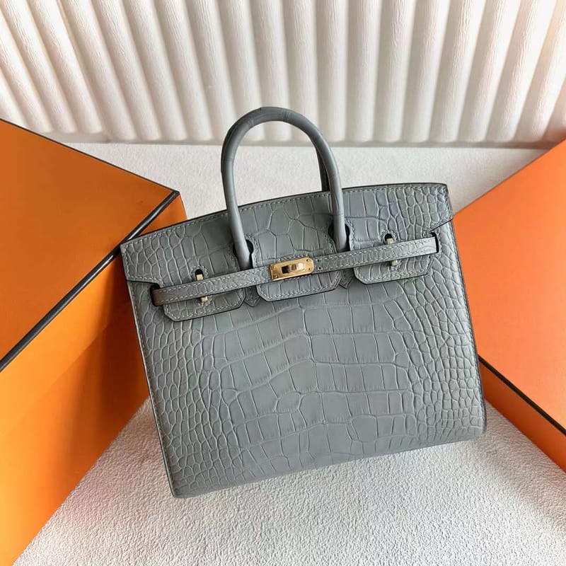 Birkin 20cm Sellier Matte Alligator Crocodile 0V Gris Ciment Ghw